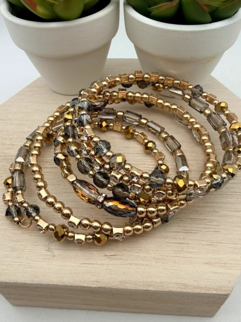Gold Tone Crystal Rhinestone Memory Wire Coil Wrap Bracelet Glam
